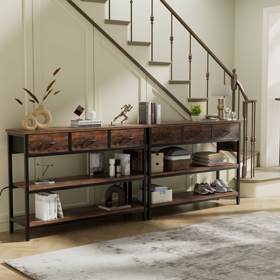 3-Tier Console Table with Charging Station, Entryway Table with Storage Drawers And Open Shelves, Narrow Sofa Table with USB Ports And Outlets, Adjustable Feet, And Modern Design for Hallways, Living Rooms, And Small Spaces