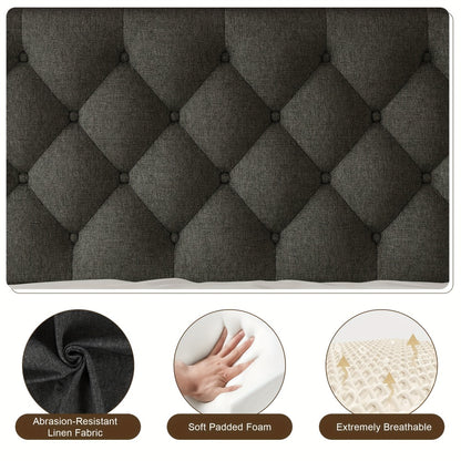 Modern Platform Bed Frame with 24-Inch Button-Tufted Headboard – Solid Wood Slats, Artistic Legs, Linen & Velvet, Dark Gray Light Grey Beige White Black, Full Queen King