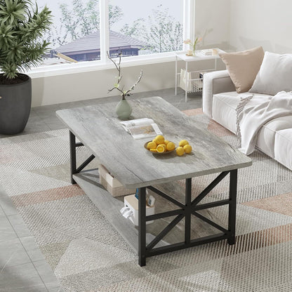 LTTROMAT Modern Coffee Table for Living Room, Faux Marble 2-Tier Coffee Table with MDF Broad & Metal Frame, Farmhouse Style Rectangular Center Table for Small Space, Space Saving Tea Table for Bedroom, Kitchen, Office