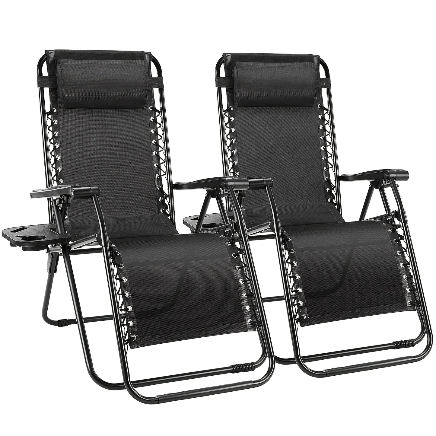 2pcs Zero Gravity Chairs, Outdoor Folding Recliner Lounge Chair, Breathable Fabric Adjustable Reclining Patio Chair With Cup Holder Trays & Headrest Pillow For Beach Camping Poolside Backyard Garden Lawn