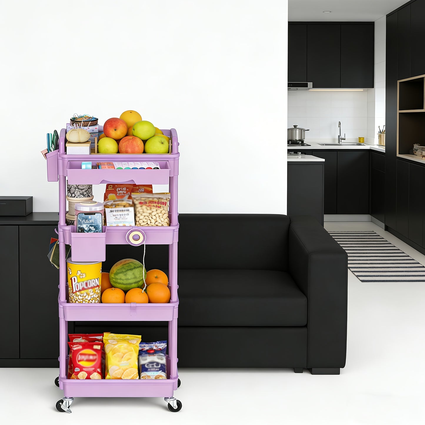 [Wedding Decorations Gift] Multi-Functional 3/4 Tier Rolling Storage Cart With Drawers - Durable Plastic Organizer With Lockable Wheels, Cup Holder & Hooks-Space-Saving Solution For Kitchen, Bathroom, Living Room - Ideal For Kitchen Accessories, Wedding D