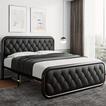 Valnase Metal Bed Frame, Platform Bed Frame with Faux Leather Headboard, Heavy-Duty Thicker Metal Steel Slats Support, 12'' Under-Bed Space, Easy Assembly