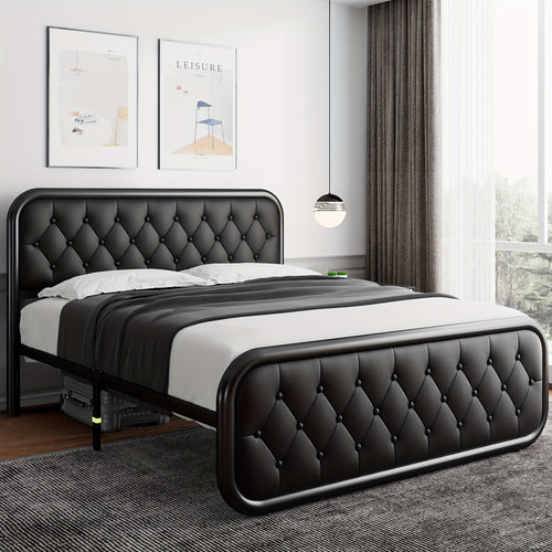 Valnase Metal Bed Frame, Platform Bed Frame with Faux Leather Headboard, Heavy-Duty Thicker Metal Steel Slats Support, 12'' Under-Bed Space, Easy Assembly