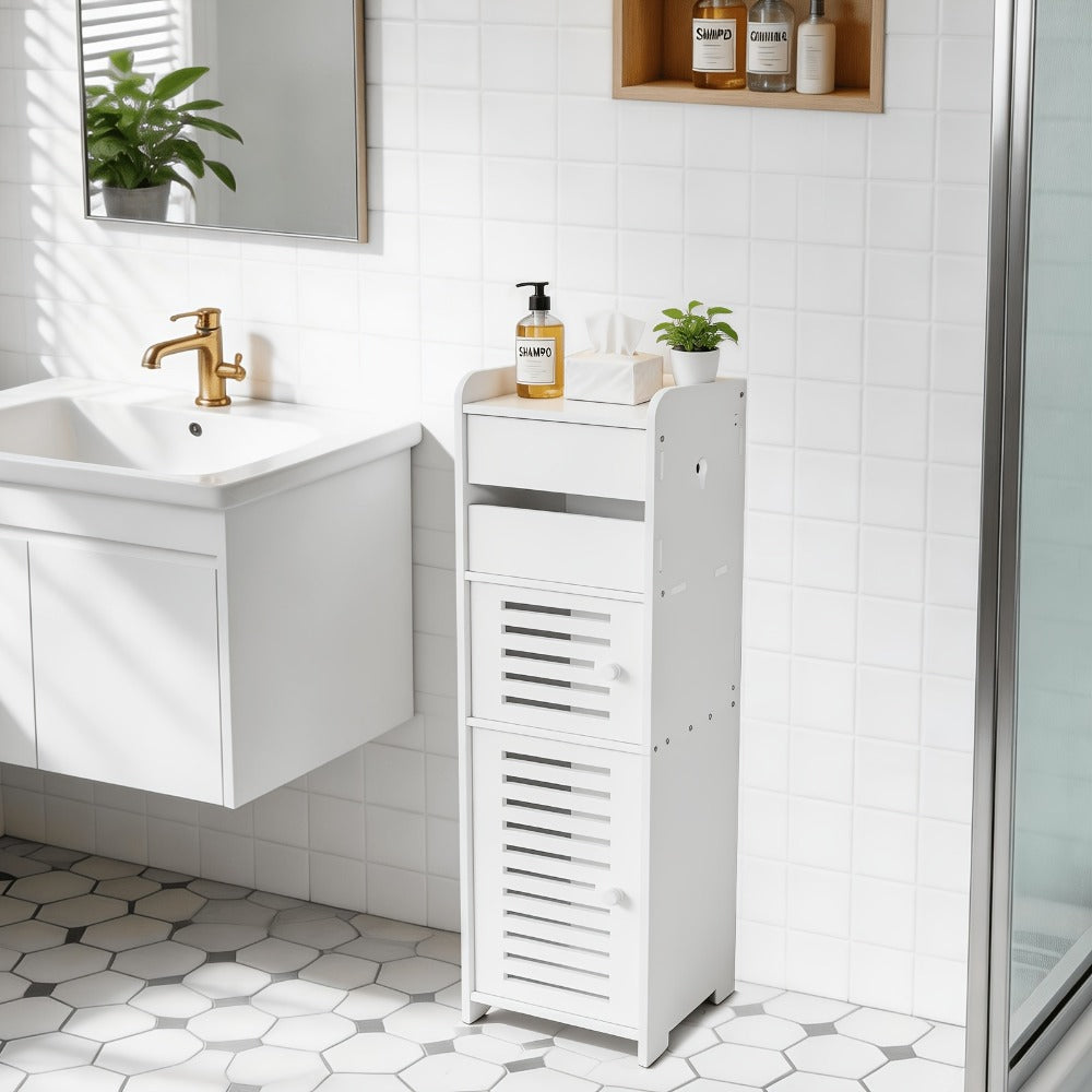 White Freestanding Bathroom Cabinet Multi-Tier Storage Shelf with Door, Moisture & Dust Proof Wood-Plastic Material for Small Spaces, Toilet Paper, Towels & Toiletries