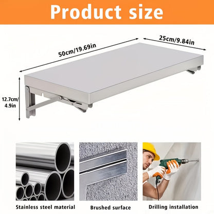 Wall Mounted Folding Table 304 Stainless Steel, Foldable Wall Shelf for Kitchen Bathroom Balcony Laundry Living Room, Space Saving Fold Down Work Surface