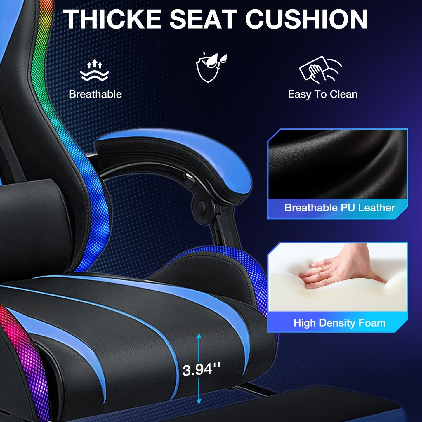 LED Gaming Chair with Wireless Speakers And Massage, Big And Tall Video Game Chair for 397Lbs with Footrest, Reclining High Back Computer Desk Chair