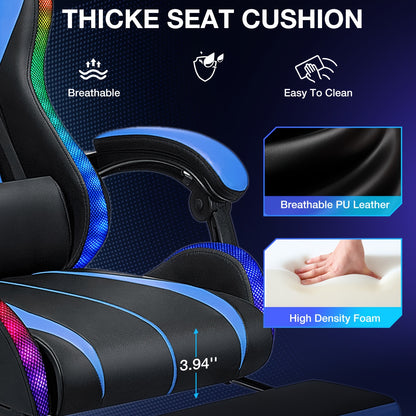 LED Gaming Chair with Wireless Speakers And Massage, Big And Tall Video Game Chair for 397Lbs with Footrest, Reclining High Back Computer Desk Chair