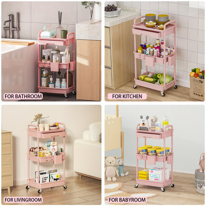 3 Tier Multifunctional Rolling Cart with Drawer, Durable Plastic Rolling Cart- with Drawers And Lockable Wheels, Includes Practical Accessories Like Cup Holders And Hooks - Easy Assembly Storage Cart, for Kitchen, Bathroom, Living Room