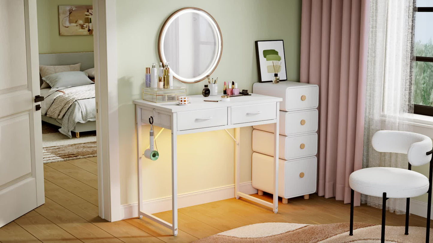 Vanity Small Desk with Light - Fiber Drawers & Adjustable, Easy Assembly, Laptop In Home, Study Or Work, Adjustable