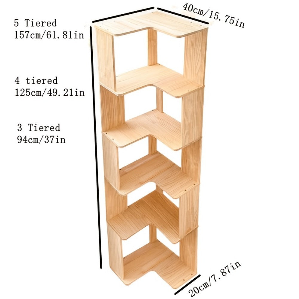 Solid Wood Corner Bookshelf 3 4 5 Tier No Paint No Formaldehyde Space-Saving Rustic Corner Bookcase for Bedroom Living Room Study Balcony, Easy Assembly