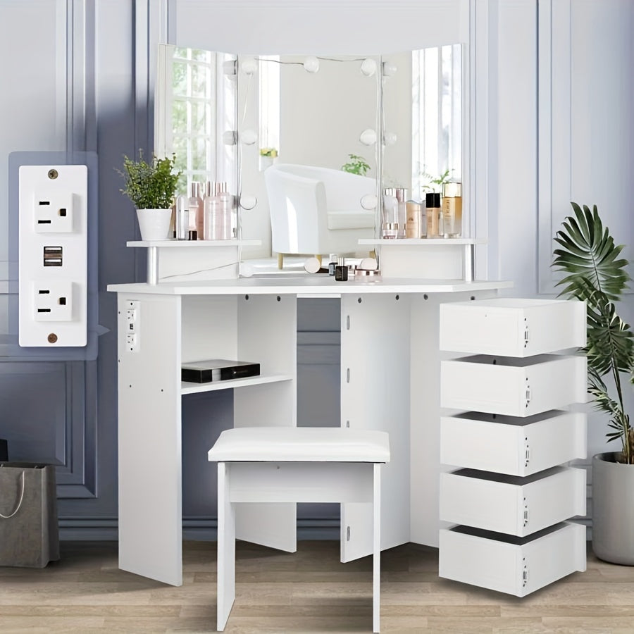42" Tri-Mirror Corner Makeup Vanity Desk with Outlet, Lights, 5 Sliding Drawers Or Rotating Drawers, Come with Stool