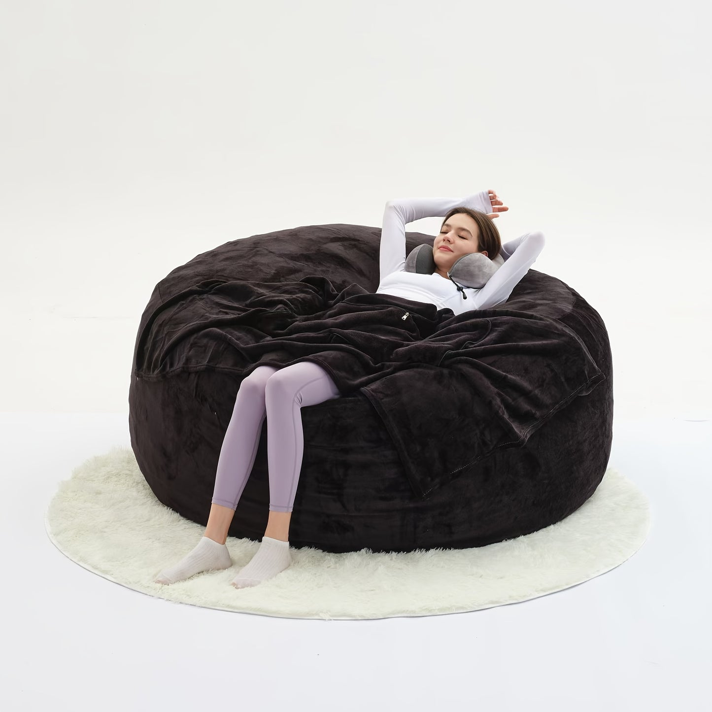 Beanbag Sofa Chair Set, Contains Bean Bag Chair, U-Shape Pillow, Blanket, And 6FT Carpet. Large Round Soft Removable Machine Washable Beanbag Sofa, with Filling, 50 Lb Memory Sponge Filled Living Room Bedroom Gamingroom Sofa Bed Relaxation