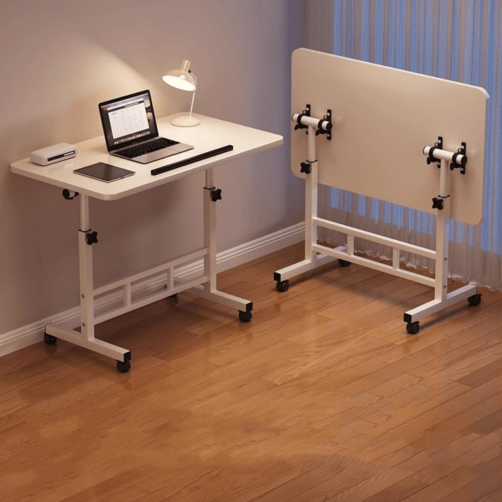 Adjustable Tilt Foldable Standing Desk 32"x16" – Portable Mobile Laptop Rolling Desk with Height Adjustment, Compact Sit-Stand Workstation, White