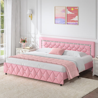 Upholstered Platform Bed Frame with Button-Tufted Diamond Headboard – Wooden Slats, No Box Spring Needed, Twin Full Queen King, Black White Pink Green Gray Beige