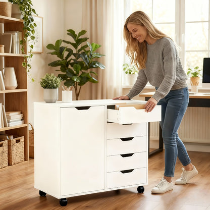 5-Drawer Wood Storage Cabinet with Rolling Wheels and Adjustable Shelves detail image - detail view 4