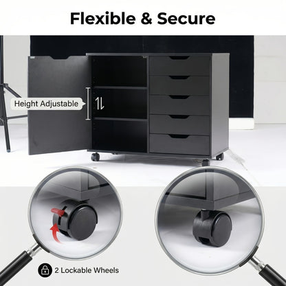 5-Drawer Wood Storage Cabinet with Rolling Wheels and Adjustable Shelves detail image - detail view 5