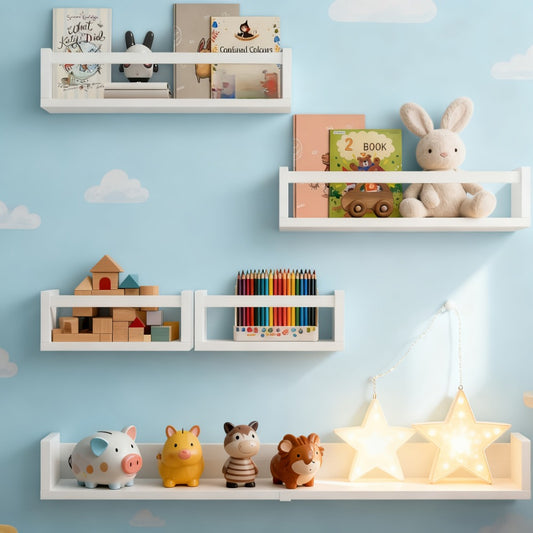 Floating Wall Shelves for Kids Nursery Room 5-Piece Pine Wood Set DIY Wall Mounted shown in the main product view