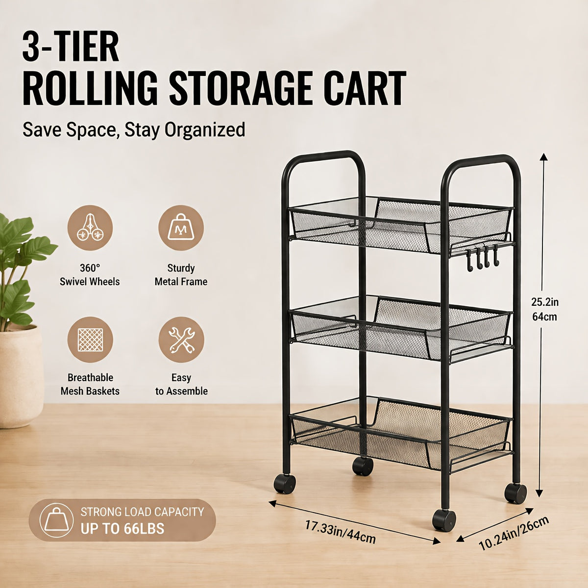 Storage Cart shown in the Black Three Layers option