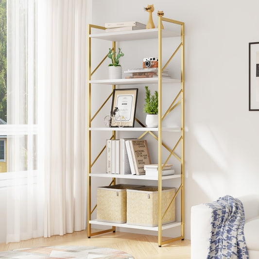 Bookshelf, 5 Tier Tall Industrial Style - Classic Freestanding Bookcase with White & Gold shown in the main product view