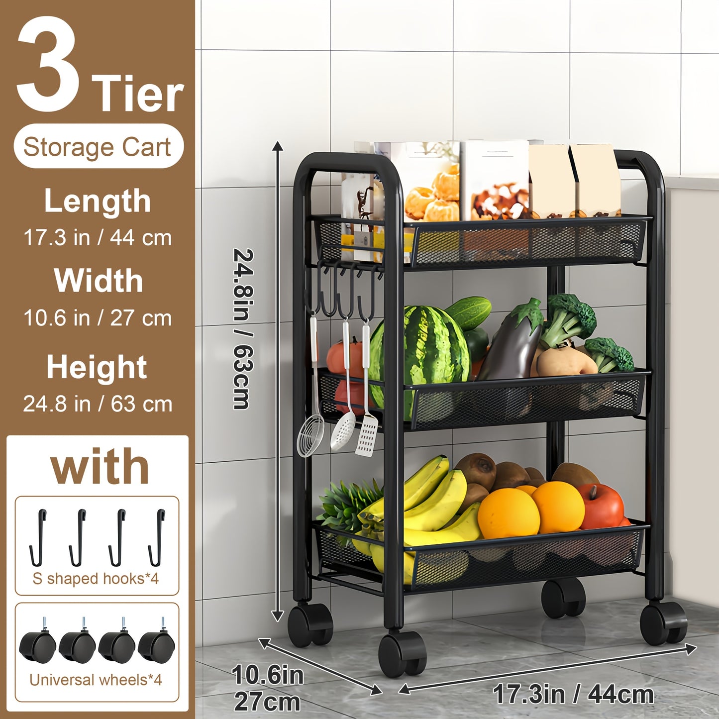Kitchen Storage Cart shown in the 3 Layers Of Black option