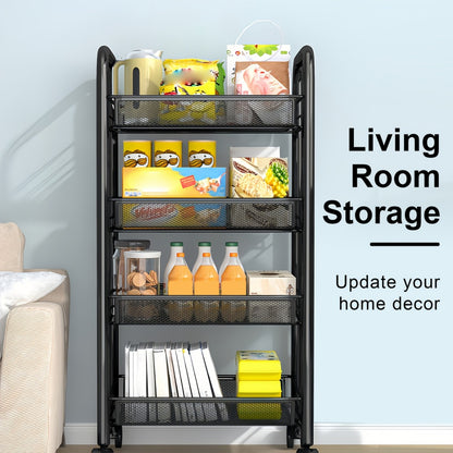 5-Tier Metal Kitchen Storage Cart with Mesh Storage Shelf and 360° Swivel detail image - detail view 10