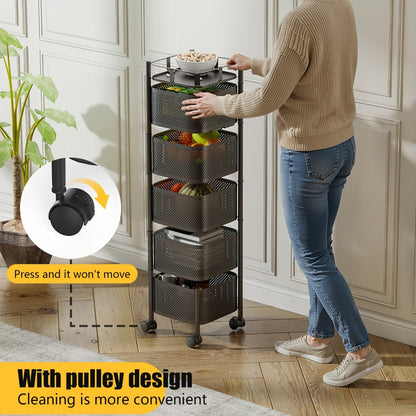 5-Tier Metal Kitchen Storage Shelf with Rolling Wheels and 360° Swivel detail image - detail view 8