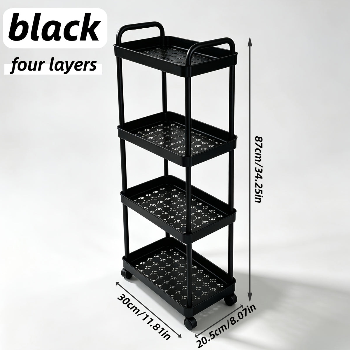 Storage Trolley Rack shown in the Black, 4 Tiers option