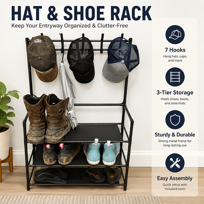 Shoe Rack shown in the Luxury Black, 3-tier Shoe and Hat Rack option