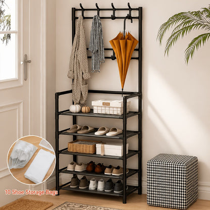 Shoe Rack, Entryway with Coat Hooks Multifunctional 3 4 5 Tier Shoe Hat Organizer - Choose shown in the main product view