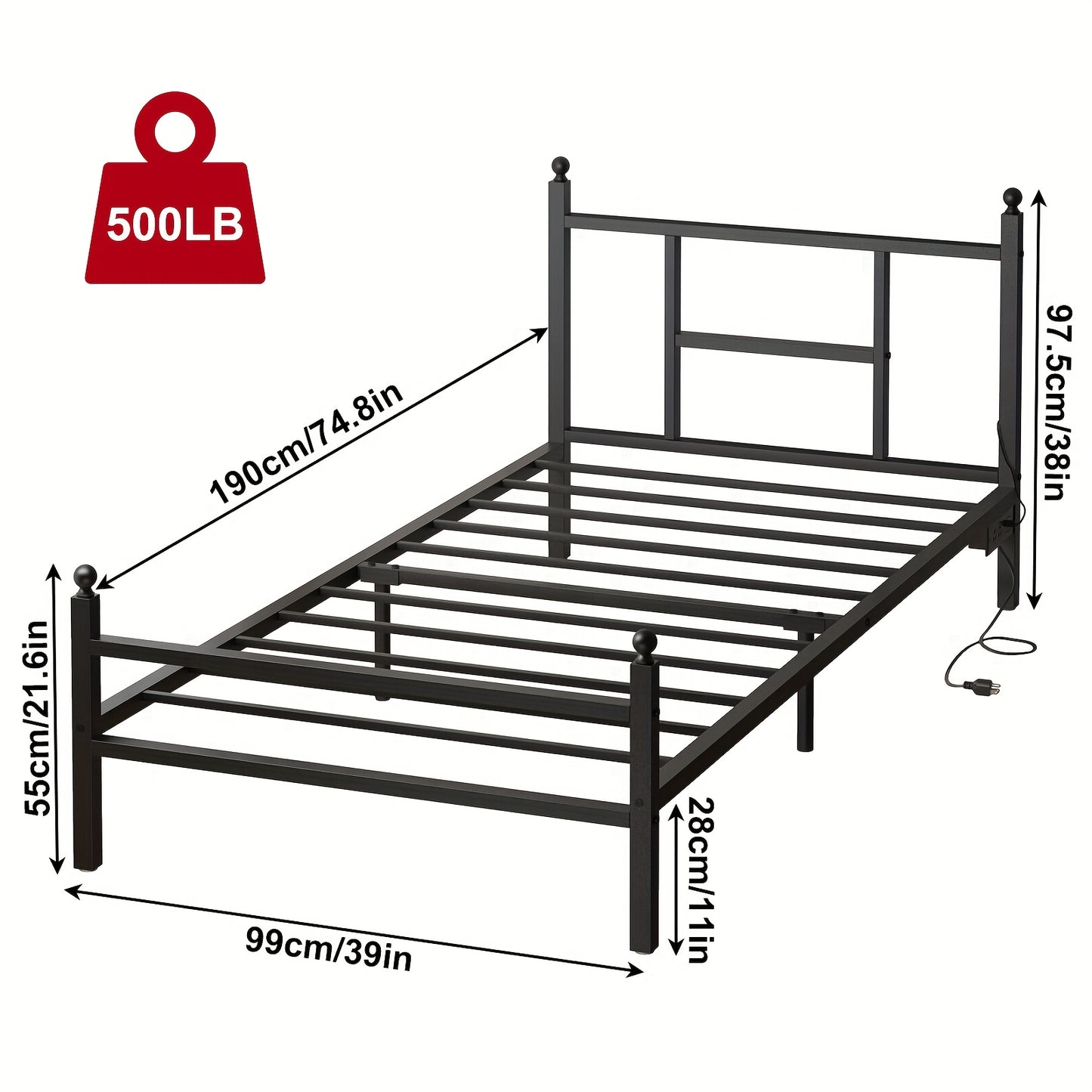 TOMNK Bed Frame Twin Size with LED Lights And Charging Station, Heavy-Duty Metal Design, Easy Assembly, Black/White, Contemporary Style for Modern Bedrooms, Sleek Bed Design | Functional Furniture, for Halloween And Christmas
