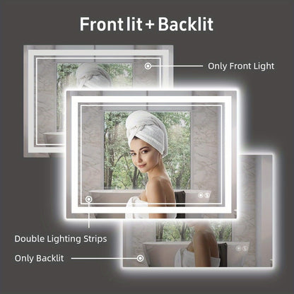 LED Bathroom Mirror with Anti-Fog Front & Backlit Dimmable 3 Color Lighting Wall Mounted Vanity Mirror Stepless Brightness Horizontal Vertical 24x36 32x40 36x28 40x28 Inch