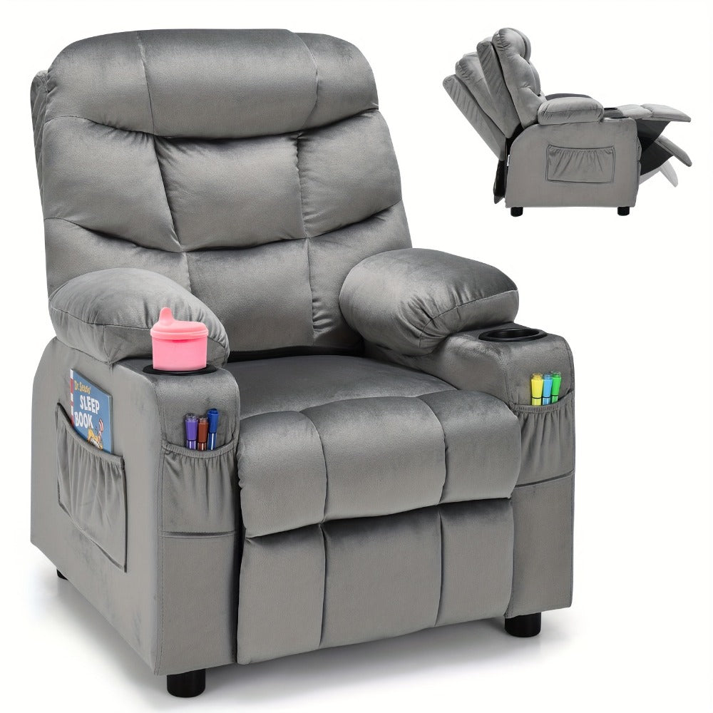 Girls' Pink Velvet Recliner Chair with Cup Holder & Storage Pocket - Heavy-Duty 300lb Capacity, Ergonomic Backrest & Armrests, Manual Recliner with Safety Belt - Modern Soft Cushioned Lounge Chair for Kids & Teens, Easy Assembly, Ideal for Bedroom, Living