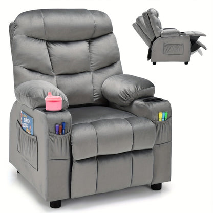 Girls' Pink Velvet Recliner Chair with Cup Holder & Storage Pocket - Heavy-Duty 300lb Capacity, Ergonomic Backrest & Armrests, Manual Recliner with Safety Belt - Modern Soft Cushioned Lounge Chair for Kids & Teens, Easy Assembly, Ideal for Bedroom, Living