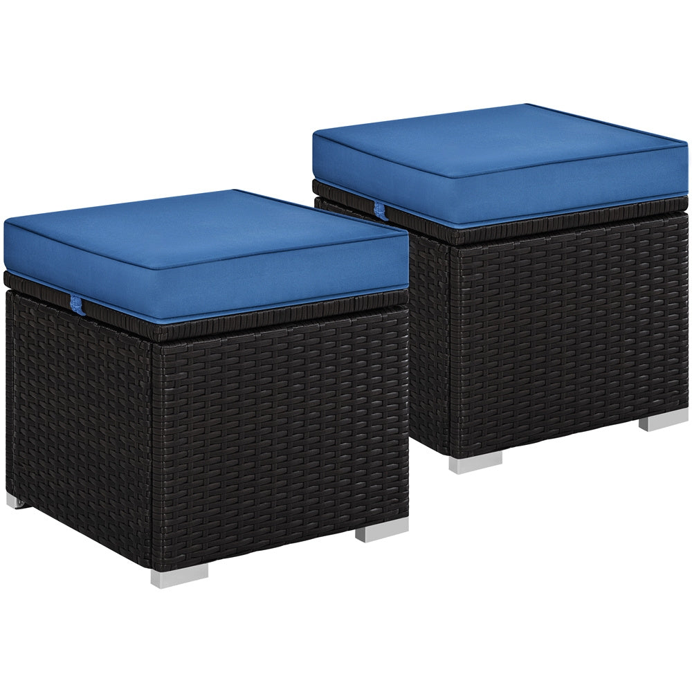 Costoffs 2pcs Rattan Ottomans with Hidden Storage & Removable Cushions, Outdoor Patio Furniture Ottoman Set, Versatile Resin Wicker Footstools, Side Tables, Additional Seating for Garden, Balcony, Deck, Khaki/Gray/Blue