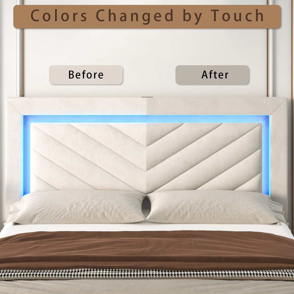 Upholstered Platform Bed Frame with LED Adjustable Headboard, Storage Drawers and Charging Station, No Box Spring Needed, Noise Free, Twin Full Queen, Off White Grey