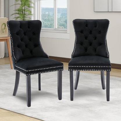 Velvet Wingback Dining Chairs Set of 2 with Tufted Button Back and Ring Pull Trim - Luxury Upholstered Chairs for Dining Room Living Room and Bedroom