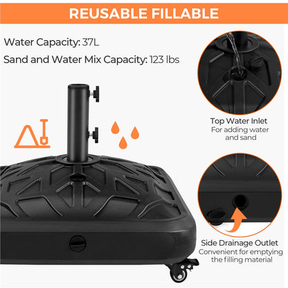 Costoffs Fillable Mobile Umbrella Base, Heavy Duty Patio Umbrella Pole Holder for Outdoor 4 Wheels, 4 Locks 2 Knobs 123lb Capacity for Deck, Poolside, Garden, Black-Checkered