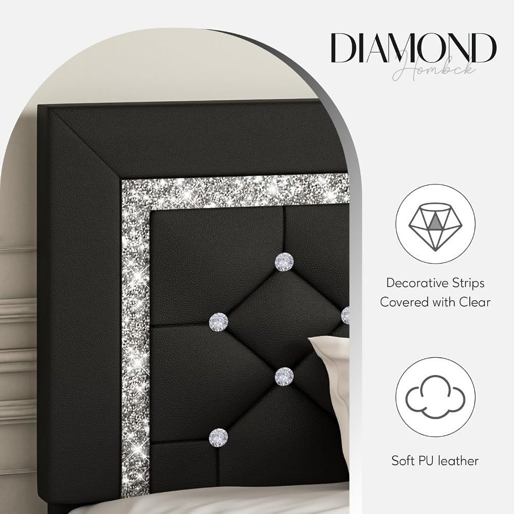 Upholstered Bed Frame with Diamond Tufted Headboard, Faux Leather Headboard and Footboard, Wooden Slat Support, No Box Spring Needed, Easy Assembly, Twin Full Queen King, Black