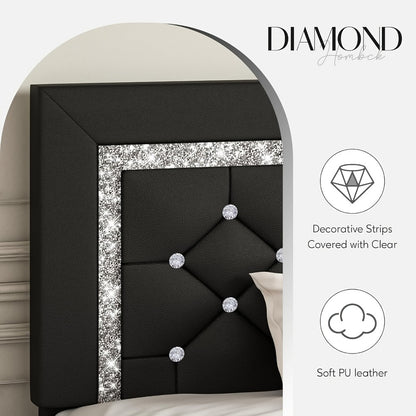 Upholstered Bed Frame with Diamond Tufted Headboard, Faux Leather Headboard and Footboard, Wooden Slat Support, No Box Spring Needed, Easy Assembly, Twin Full Queen King, Black