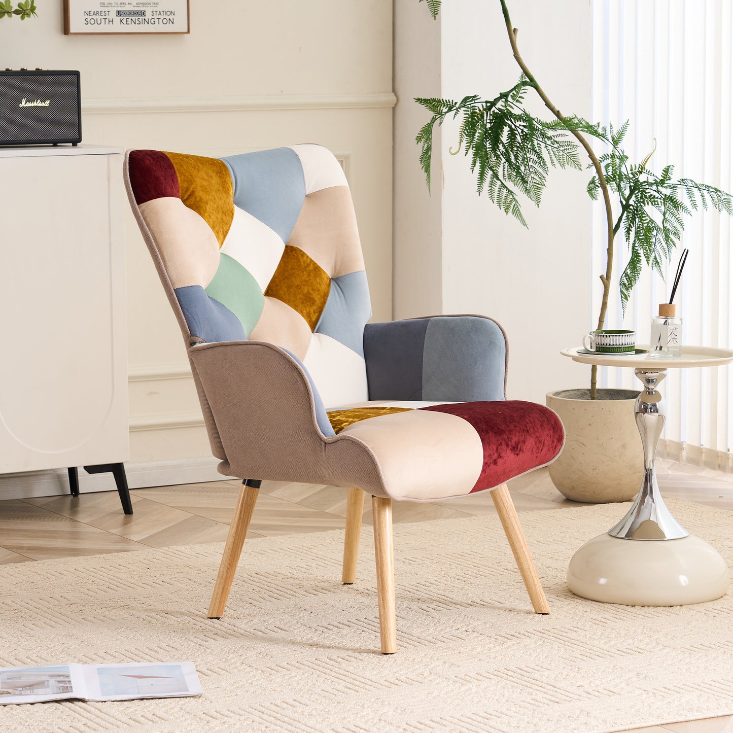 Patchwork Accent Chair High Back Armchair with Memory Foam Cushion & Hardwood Legs – 330 lbs Capacity Linen Upholstered Reading Chair for Living Room Bedroom Home Office, 6 Colors