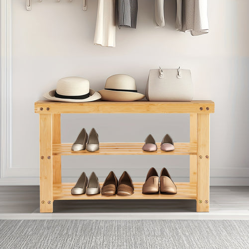 3-Tier Bamboo Shoe Rack Bench, Compact Storage Organizer, 286lb Capacity, Suitable For Entryway Bedroom Living Room Balcony, Brown, Wood, Brown And Black Color