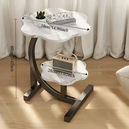 Double-layer petal-shaped side table with metal frame, multi-purpose portable coffee table suitable for sofa end in living room, fiberboard structure, applicable to various models
