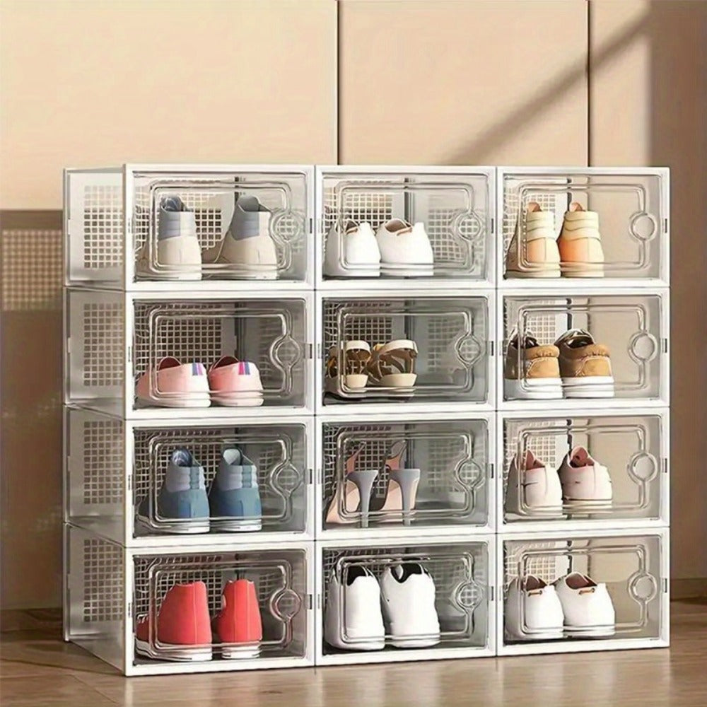 Clear Stackable Shoe Storage Boxes with Flip Top Lid, Foldable Plastic Shoe Organizer for Closet, Sneaker Container Bins – 6/10/12/24 Pack, Black or White