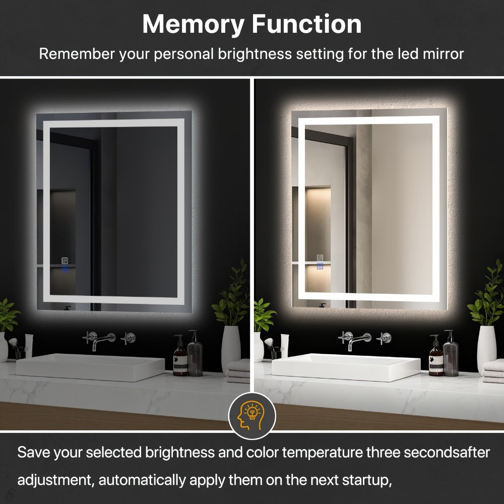 LED Bathroom Mirror 24x36 Inch with Front & Backlight Anti-Fog Dimmable, 3 Color Temperatures Memory Function Shatter-Proof Tempered Glass Vanity Wall Mirror Horizontal Vertical