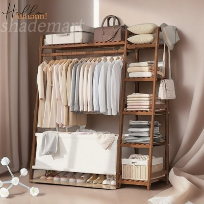 A multi capacity storage rack with brown and brown options, equipped with 5 side storage racks. A hat rack with shelves and bags is suitable for home storage, and a side hat hook is suitable for bedroom and hat room storage Specifications: with bag or wit