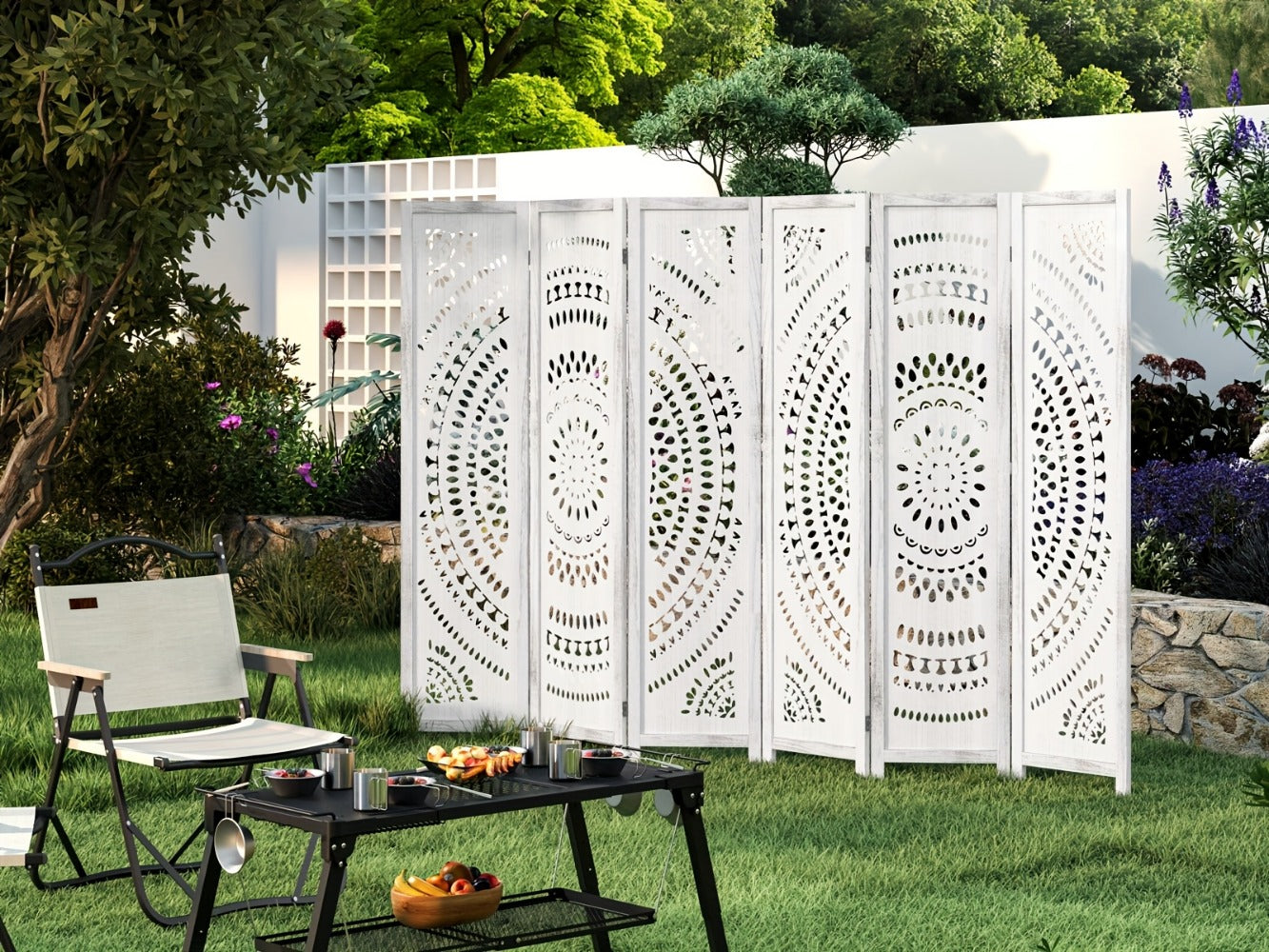 Room Divider 94.5 Inch Tall Folding Wood Carved Boho Privacy Screen 3 or 6 Panels - Freestanding Partition for Bedroom, Home Office, Studio Apartment & Living Room | Antique White & Natural Wood