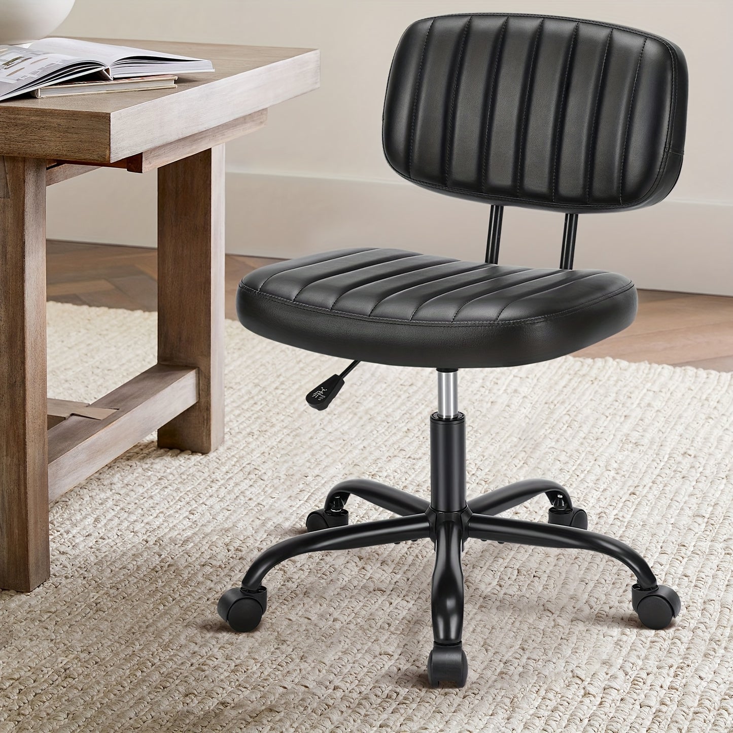 Small Desk Chair Armless, Comfortable Office Chair with Wheels, Rolling Task Chair with Low Back Lumbar Support, Vanity Chair for Bedroom Living Room Study Room, PU Leather