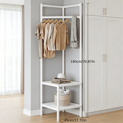 Corner Coat Rack with Shelves & Hanging Rods | Freestanding 2-Tier or 3-Tier Corner Clothes Hanger, Multi-Functional Storage Rack for Entryway, Bedroom, Bathroom | White or Black