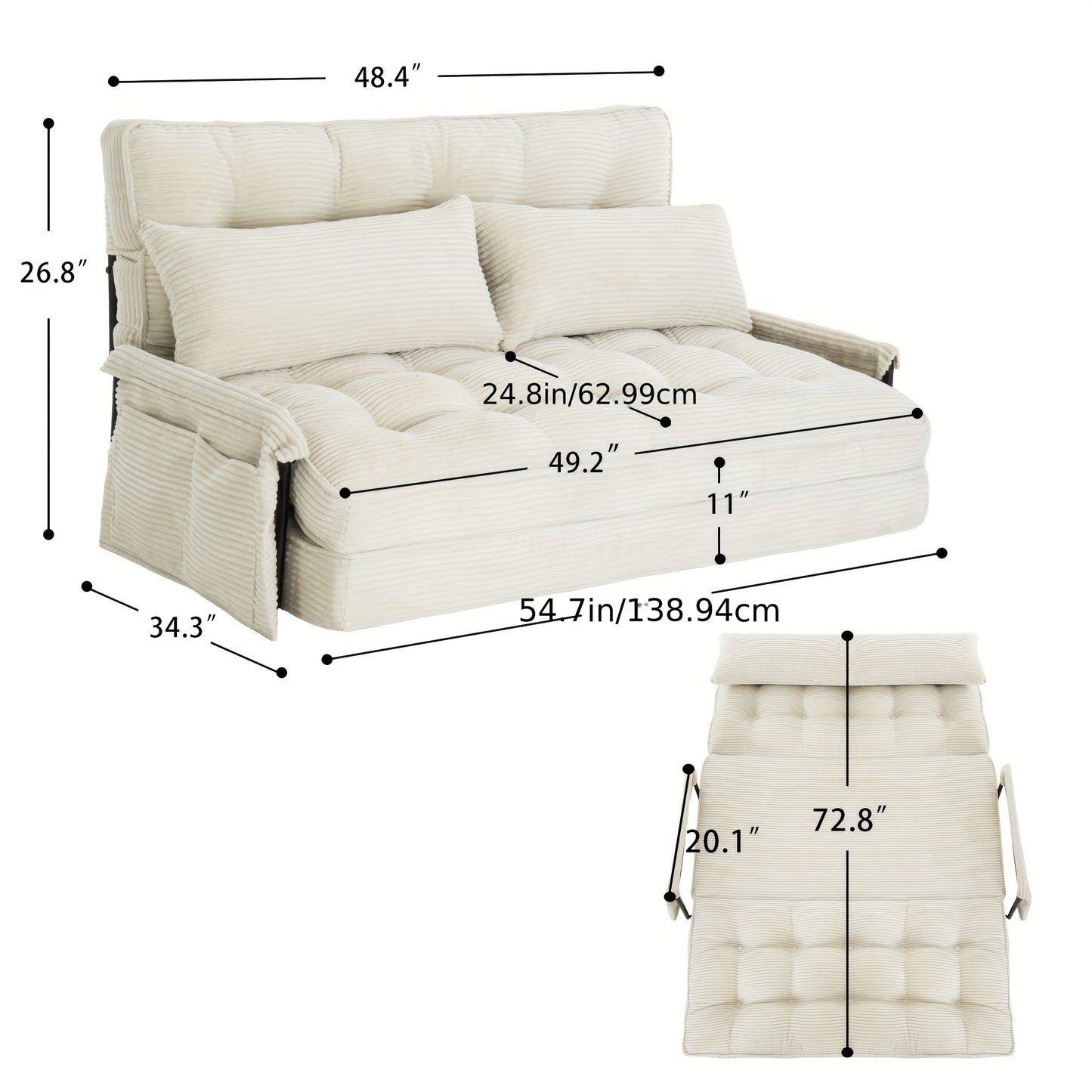 Modern Convertible Sofa Bed with Memory Foam Corduroy Fabric, Foldable Sleeper Chair with Metal Frame, Easy Assembly Space Saving Design for Small Apartment, Living Room, Bedroom - Easy Storage & Transport, Ideal for Studio & Guest Room