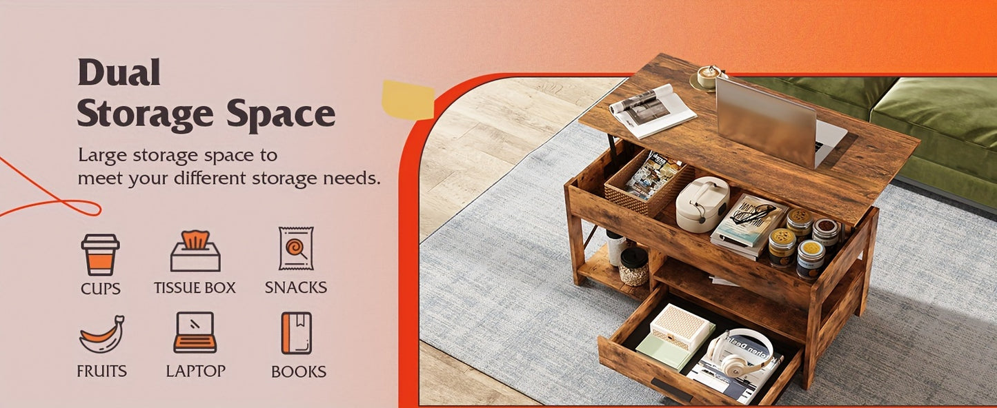 Adjustable Lift Top Coffee Table with Storage Drawers & Hidden Compartment - Modern Lift-Top Mechanism, Lift-Top Table Suitable for Living Room, Reception Room, Assembly Required, Wood/HDF, Space-Saving